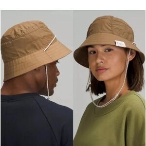 Lululemon Logo Bucket Hat Lightweight Adjustable Pocket Nylon Tan Brown S/M